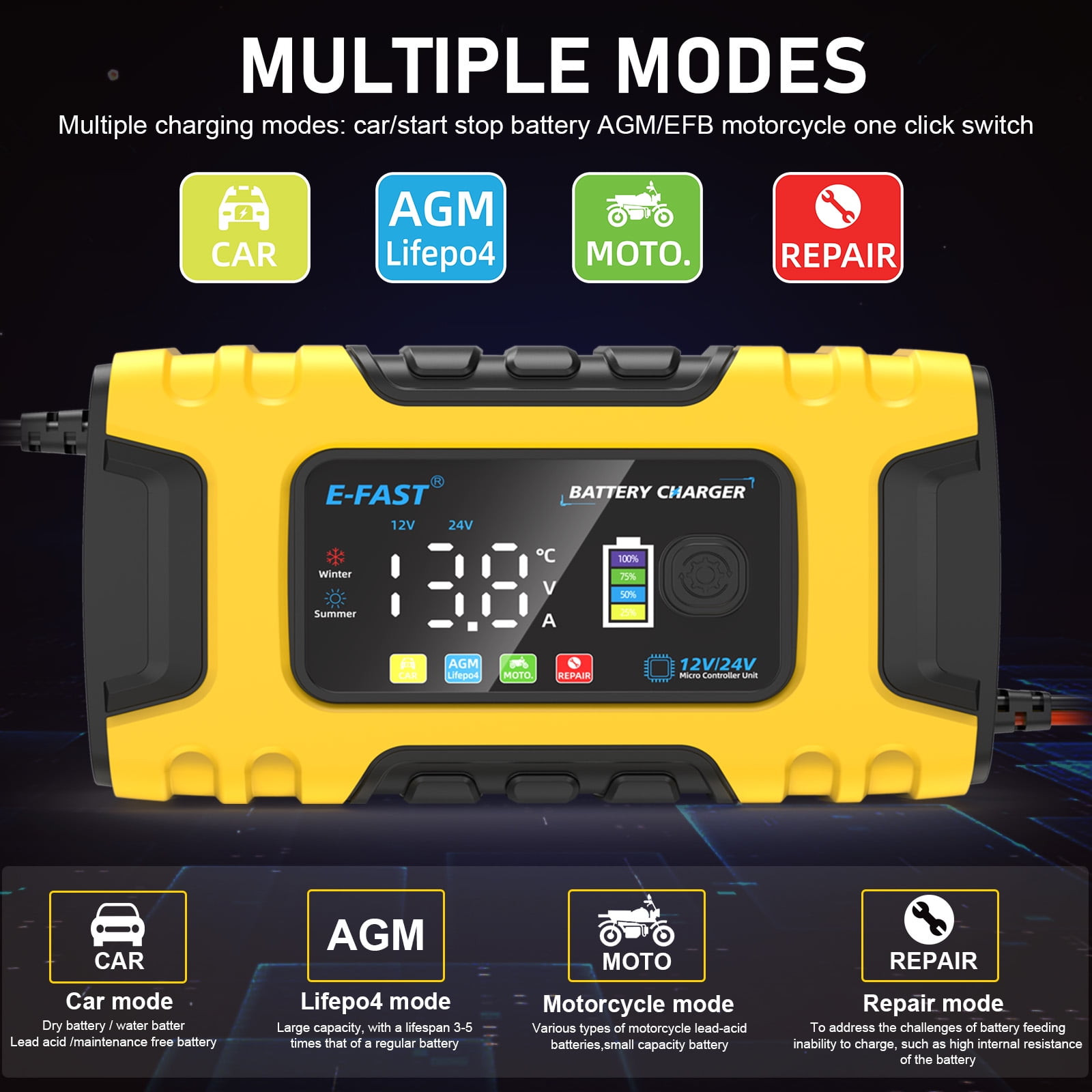 12V 10A 24V 5A Smart Automatic Maintainer Trickle Charger, 7 Stage Lead Acid AGM LiFePO4 Battery Charger for Cars Motorcycles Boats,Yellow