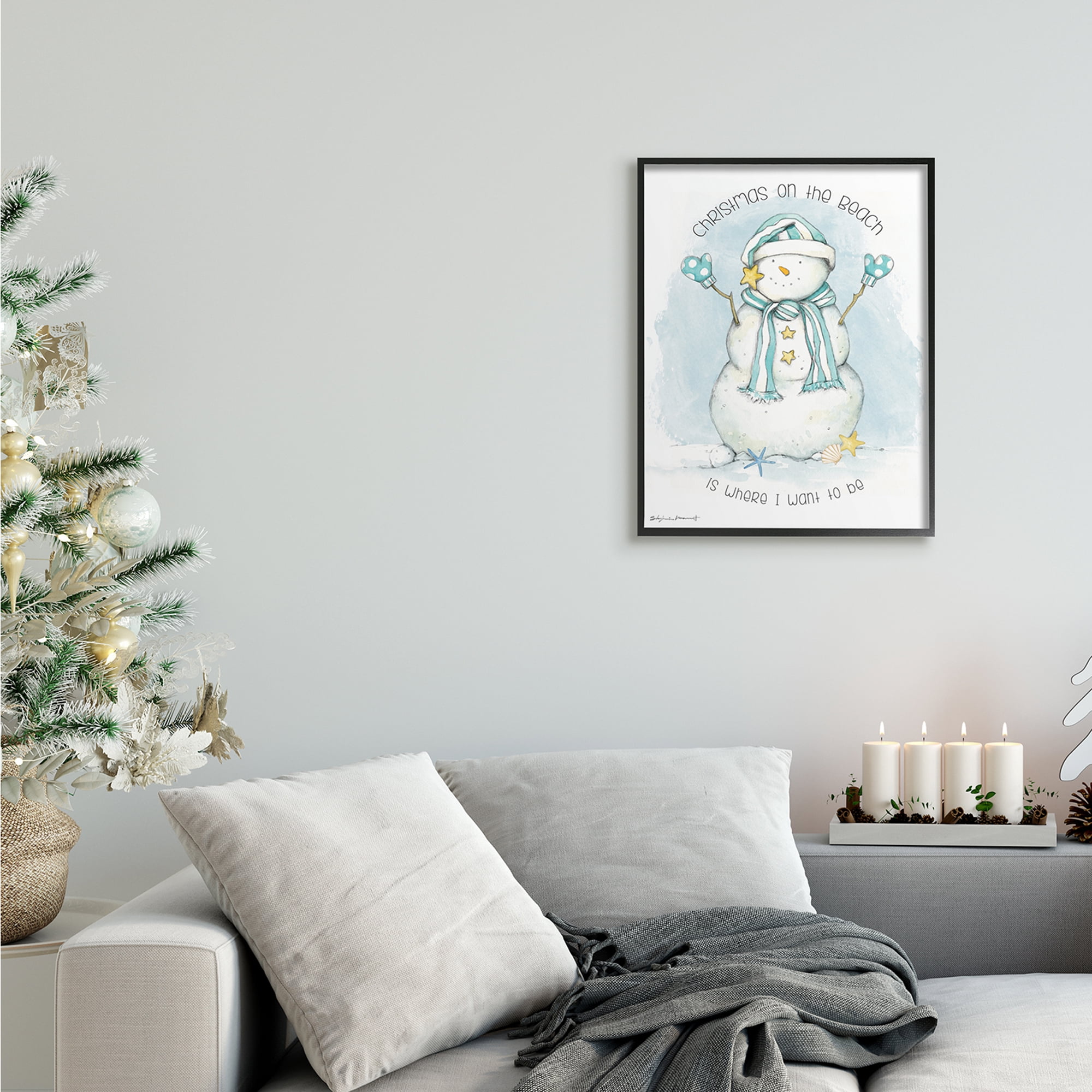 Stupell Industries Christmas On the Beach Sentiments Nautical Snowman Nature Painting Black Framed Art Print Wall Art, 16 x 20
