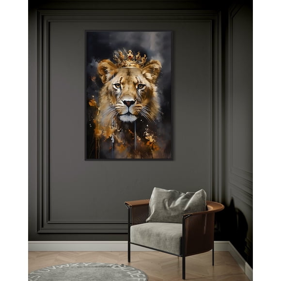Lion King and Lioness Queen with Crown Black Gold Painting Canvas Painting Romantic Couple Bedroom Wall Art Poster for Home, 50*70cm, unframed.,ZSH0121-1