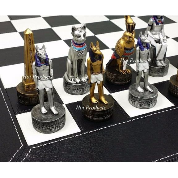 Egyptian Anubis Chess Set Gold  Silver Painted Men W/ 18" Faux Leather Board
