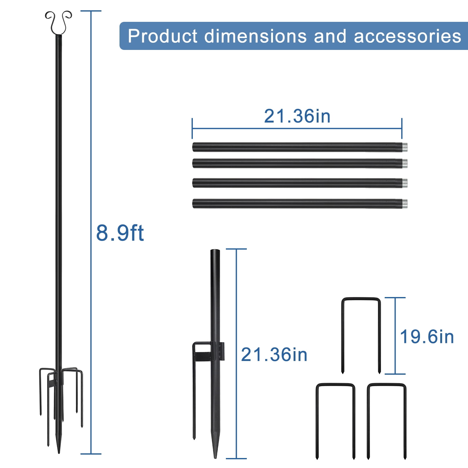 Urban Deco Ground Insert Black Stainless Steel Flagpoles with 4 Prong fork