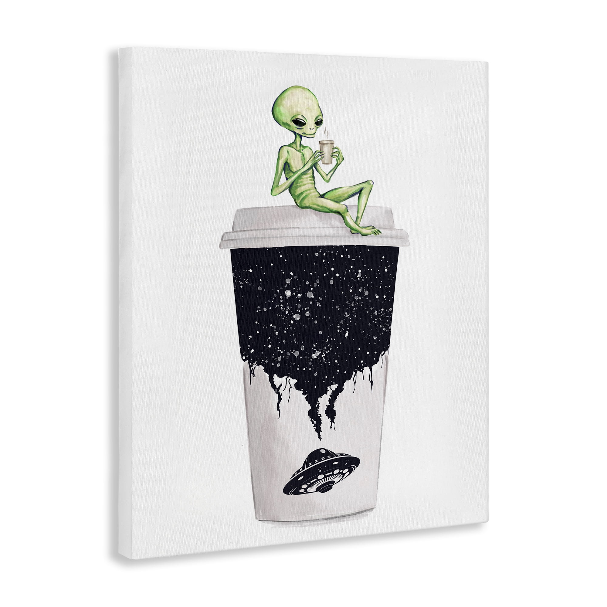 Stupell Industries Alien & Coffee Cup Novelty Painting Gallery Wrapped Canvas Art Print Wall Art, 16 x 20