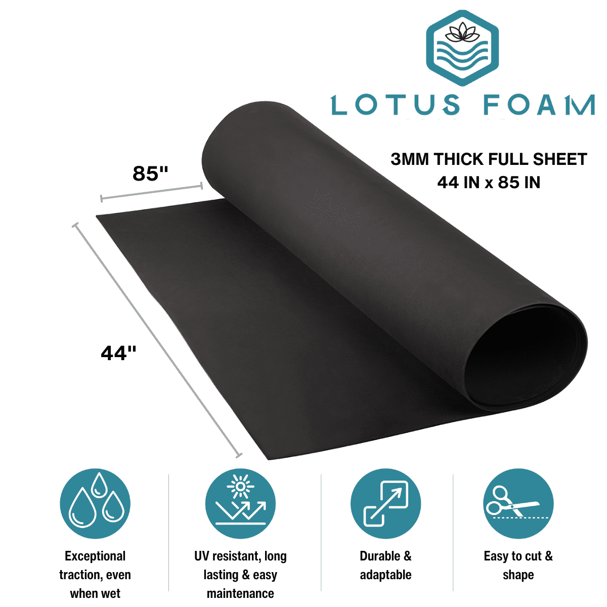 LotusFoam EVA Foam Sheet 3mm – 44"x 85" Craft Foam for Cosplay, Costumes & DIY, High Density 130 kg/m3, Heat Shapeable, Paintable, 35 Colors (Black)