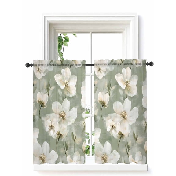 Sage Green Spring Floral Curtains 54 Inch Length, Sheer Curtains for Bedroom Living Room Window Summer Botanical Flower Rod Pocket Voile Drapes Kitchen Curtains Small Half Window 42"x54" 2 Panels