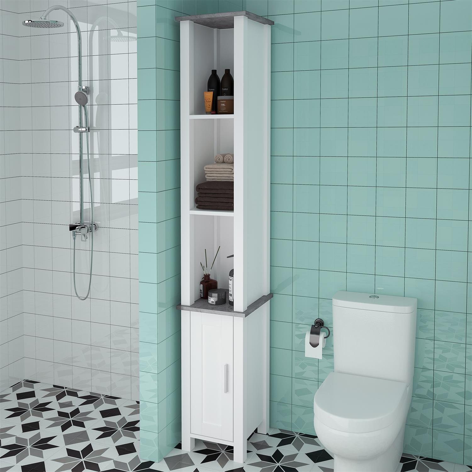 Kadyn White Bathroom Cabinet Linen Tower, Narrow Tall Cabinet Storage Tower with 3 Open Shelves and 1 Door, Free Standing Small Bathroom Storage Cabinet Kadyn White Bathroom Cabinet Linen Tower, Narrow Tall Cabinet Storage Tower with 3 Open Shelves and 1 Door, Free Standing Small Bathroom Storage Cabinet