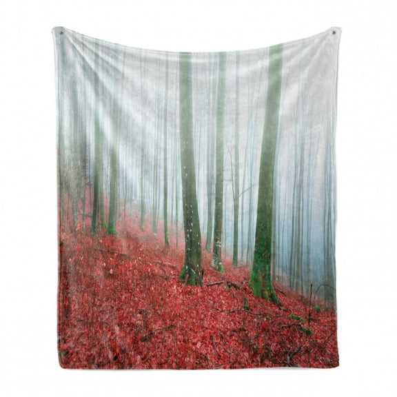 Forest Soft Flannel Fleece Throw Blanket, Misty Tree Trunks in the Woods Autumn Leaves, Cozy Plush for Indoor and Outdoor Use, 70" x 90", Dark Coral Green, by Ambesonne
