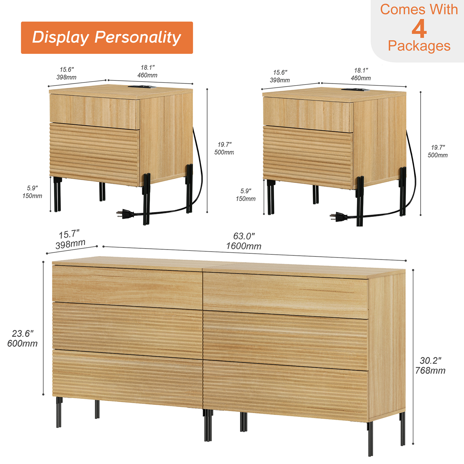 4 Pcs Wood Bedroom Set，Reeded 6 Drawer Dresser and Nightstand Sets for Bedroom, Night Stand Set of 2 with Built-in Charging Station