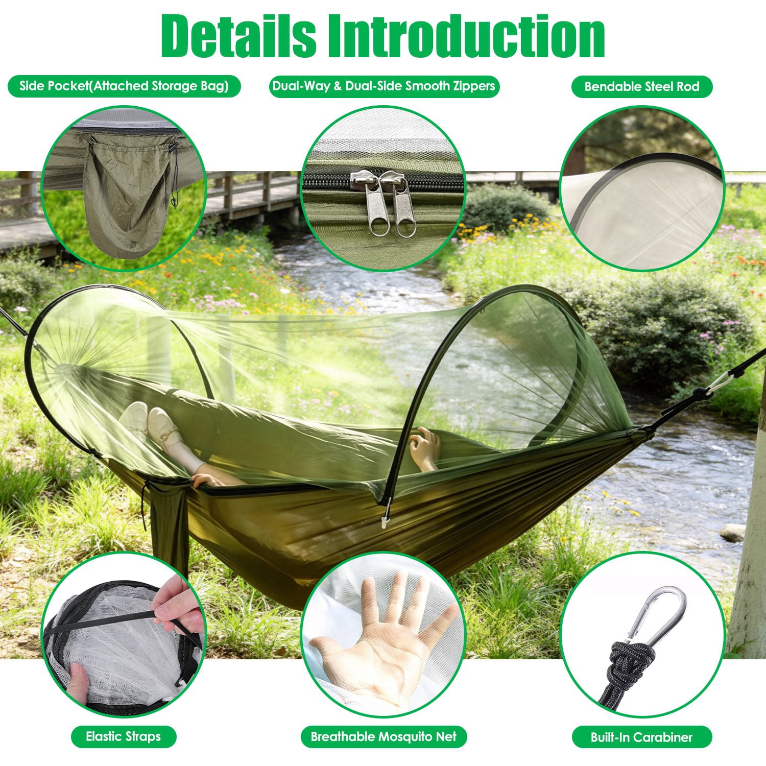 3 in 1 Camping Hammock with Automatic Pop-Up Mosquito Net, Lightweight 70D Nylon Portable Hammock Supports 440lbs, Dual Zipper Outdoor Hammock for Camping Hiking Backpacking Beach Backyard