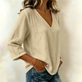 thumbnail image 3 of 3/4 Sleeve Tops for Women Cotton Linen Shirts Womens Oversized Casual Solid Tshirt V Neck Pull On Blouse Women Tunic Fall Tops, 3 of 5