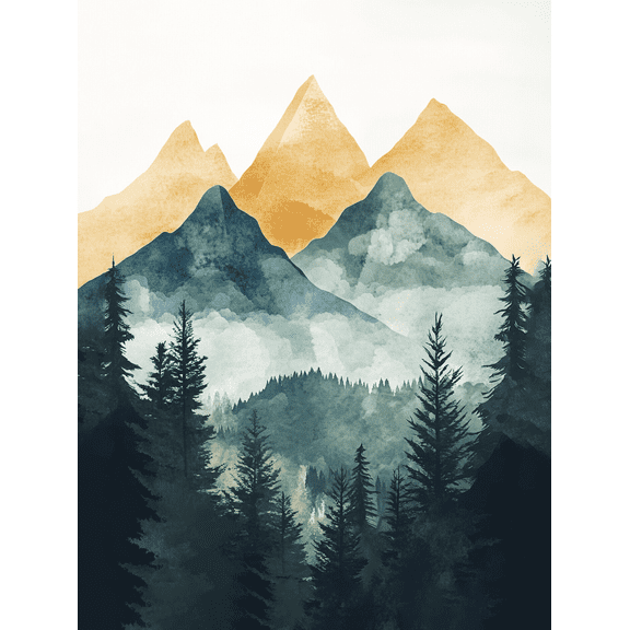 Misty Mountain Watercolor Canvas Print， Suitable for Living Room， Bedroom， Office， Bathroom， and Hallway Decor.