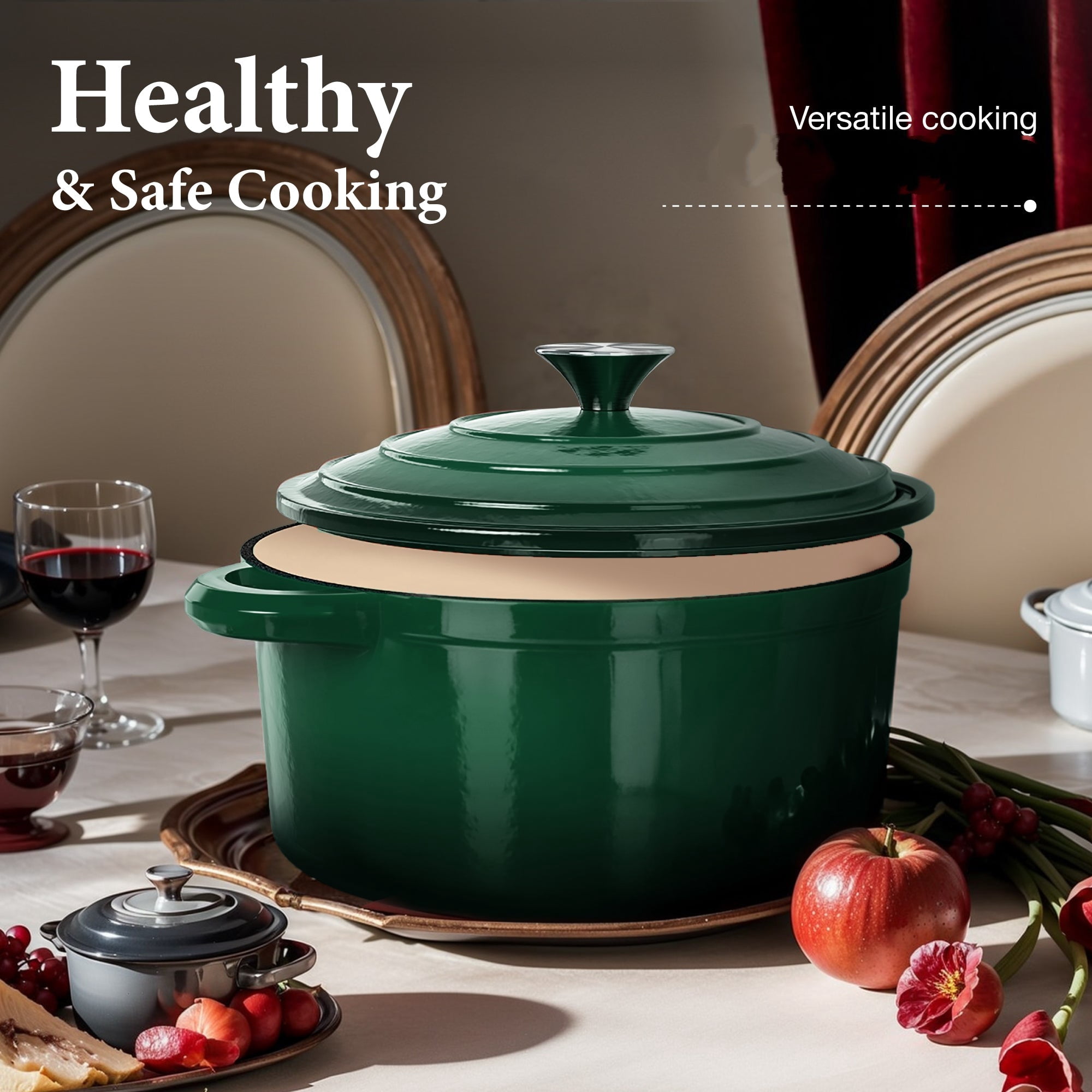 MF Studio 7-Piece Enameled Cast Iron Cookware Sets, Heavy Duty Ceramic Coated Pots and Pans Set, Emerd Dutch Ovens Set