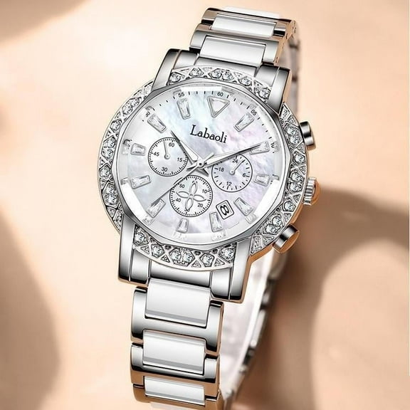 EXPLOJOY Women's Luxury Ceramic Watch – Diamond Accents, Waterproof & Calendar Display