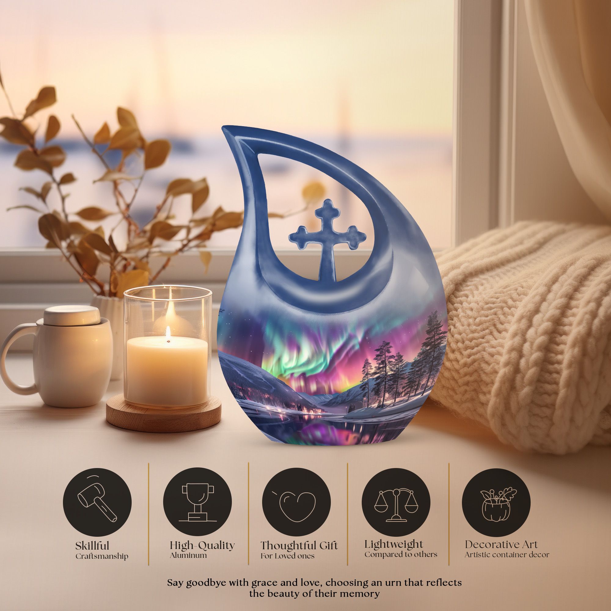 MUKTIVE Aurora Borealis Memorial Urns for Adult Male - Large Purple Funeral Urn for Ashes for Women - Cross Drop Cremation Urn - Decorative Northern Light Urns for Burial - 10 Inch