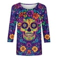 thumbnail image 5 of Hueook Shirts for Women Thermal Shirts for Women Ladies' Day Of The Dead Printed Round Neck Three Quarter Sleeve 3/4 Sleeve T-shirt Loose Top Long Sleeved Round Neck Top/shirt Multicolor L, 5 of 5