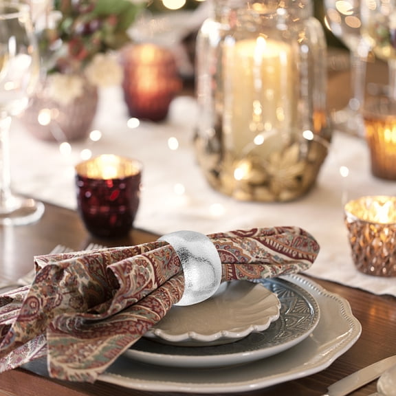 Phenofice 6Pcs Festive Napkin Rings Silver Round Stainless Steel Luxury Table Decor