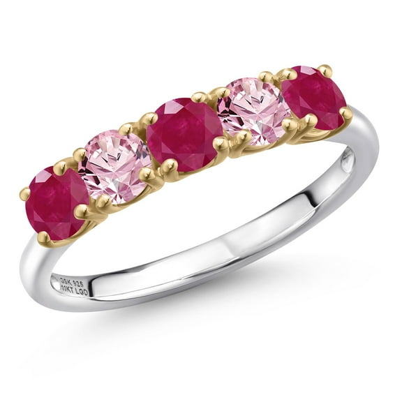 Gem Stone King 925 Silver and 10K Yellow Gold Red Ruby and Pink Lab Grown Diamond Wedding-Bands Ring for Women | 1.55 Cttw | Round 4MM | Gemstone July Birthstone | Size 5