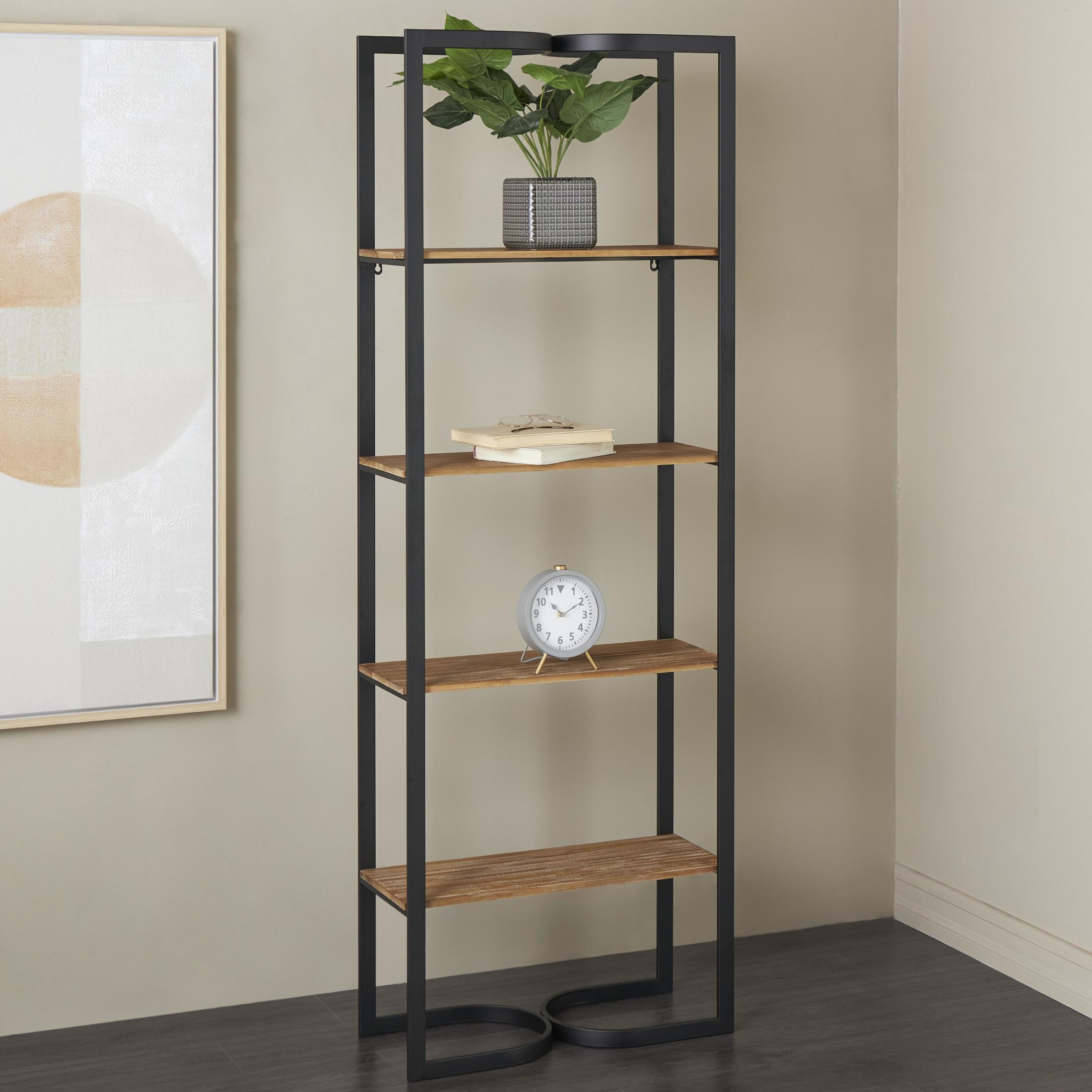 DecMode 24" x 68" Black Metal 0-Tier Shelving Unit with Wood Shelves and Arched Designs, 1-Piece