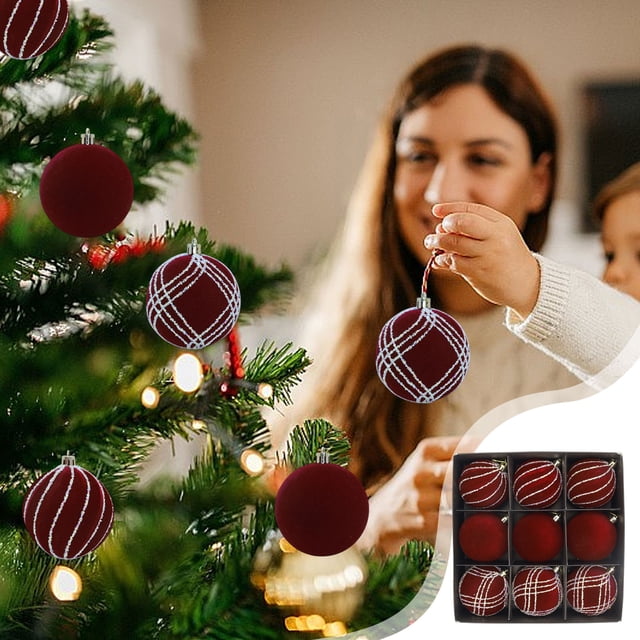 Set de bola de adornos para árbol de Navidad | Adornos colgantes de terciopelo flokado incrustados con diamantes | 9-Pack | Azul, rojo, verde, gris | 8 cm Cada uno | Escaparate | Decoración navideña