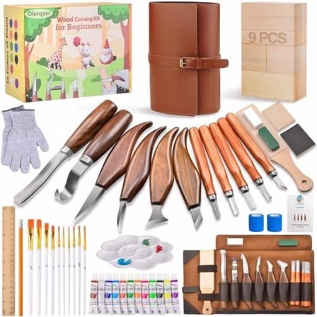 Deluxe Wood Carving Kit,56 PCS Wood Carving Tools Set with PU Leather Storage Bag,Carving Knives,Basswood Wood Blocks,Paint,Woodworking Widdle Gift,Complete Wood Whittling Kit for Beginners