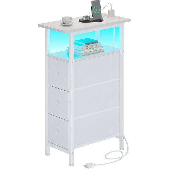 End Table with Charging Station, Narrow Side Table with 3 Fabric Drawers, Skinny Nightstand with LED Light, Slim Bedside Table for Bedroom, Living Room, Small Spaces, White