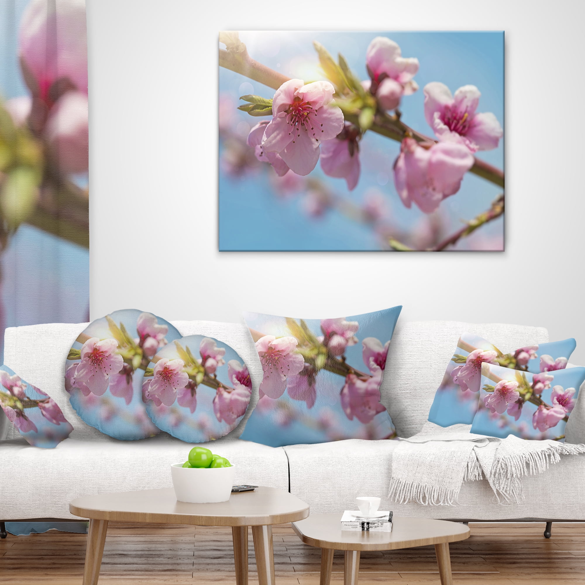 Designart Stem of Peach Blossom Flowers - Floral Throw Pillow - 18x18