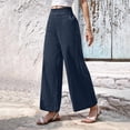 thumbnail image 4 of Fitness Clothing Women's Linen Blend Wide Leg Pants Elastic Drawstring Waist Casual Summer Beach Pants with Pocket Blue XL, 4 of 6
