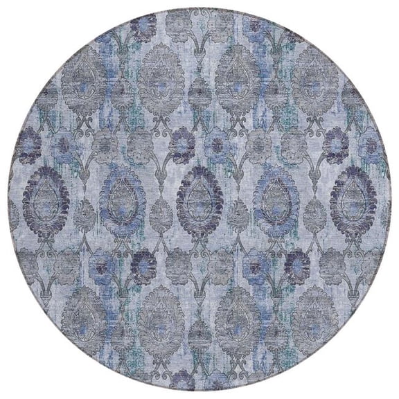 HomeRoots 588144 8 ft. Round Damask Washable Indoor & Outdoor Area Rug, Navy Blue & Sky Blue