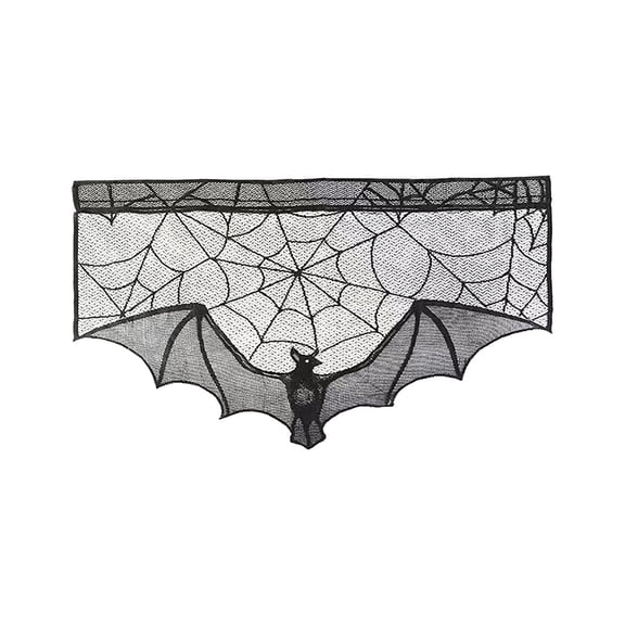 Lypsnake Halloween Black Lace Bat Window Curtain, Hollow Spider Web Pattern Sheer Lace Bat Hem Valance Window, Spooky Season Accent For Halloween Party Front Door Living Room Holiday Layout