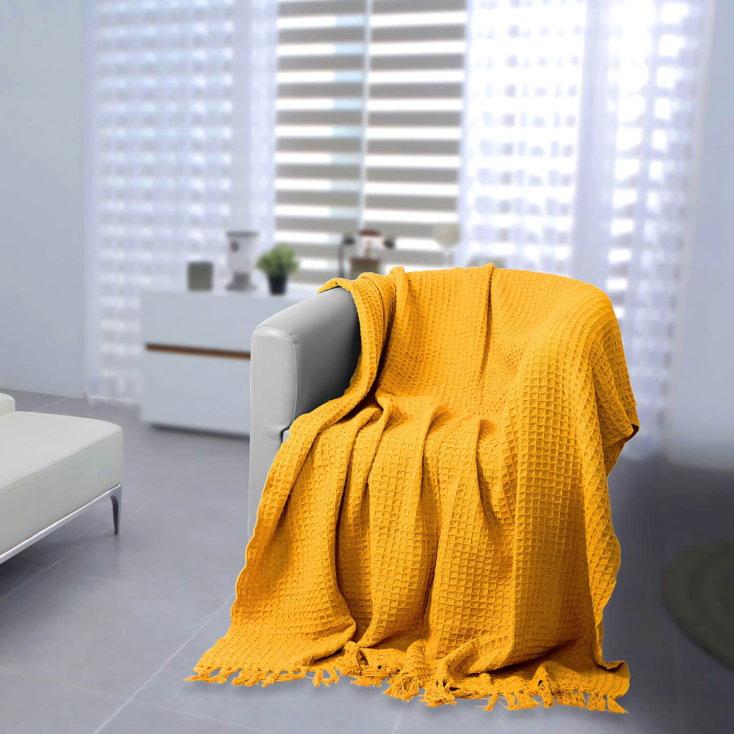 Shop LC Yellow Honeycomb Pattern Cotton Throw Super Soft with Tassels 70"X55" Birthday Gifts - image 3 of 12
