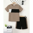 thumbnail image 2 of KIMI BEAR 9 Years Big Boys Outfits 10 Years Summer Clothes Sets Short Sleeves Letter Print T-shirt Color Block Top Shorts Set 2pcs Clothing Brown, 2 of 7