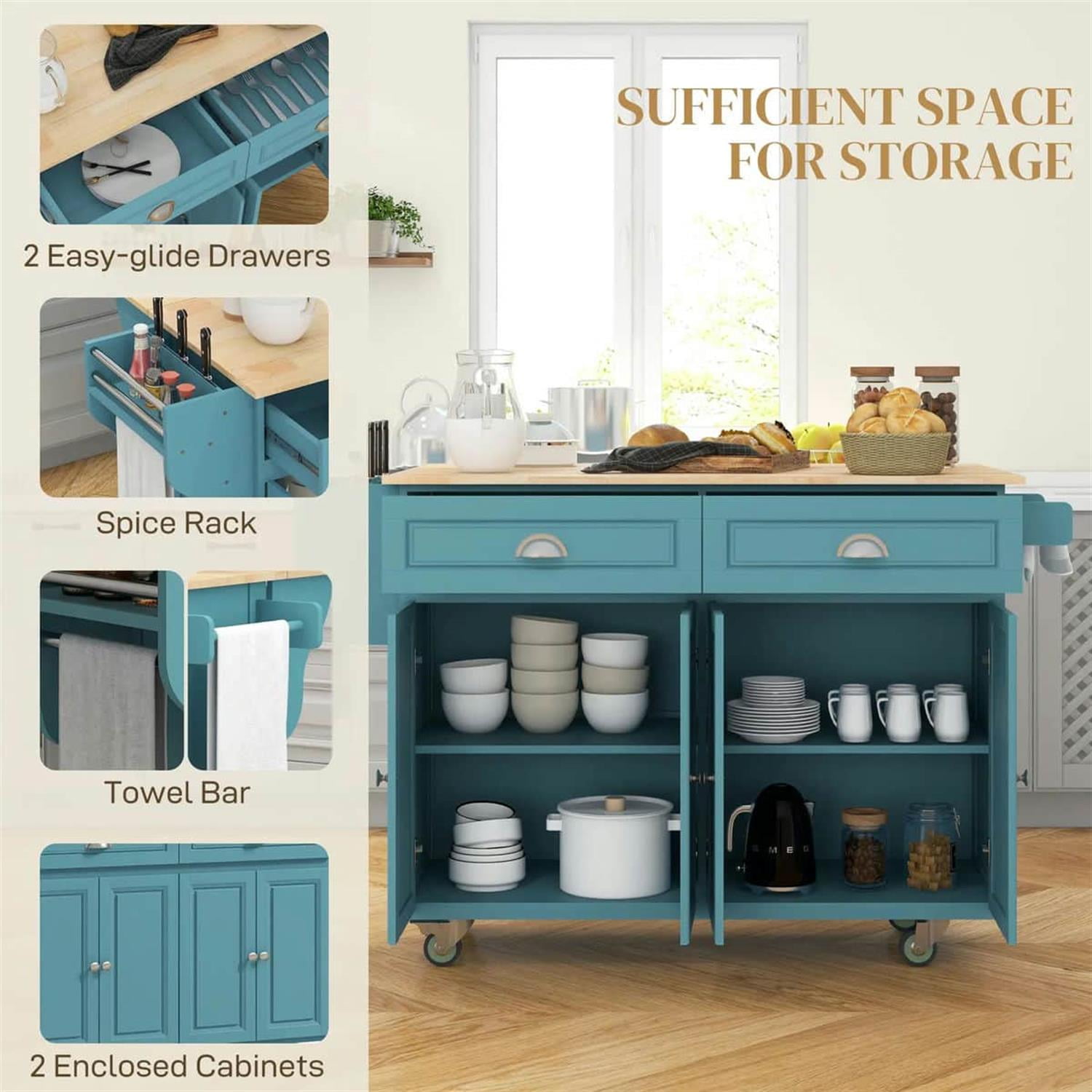Demi Bonn 57" Rolling Kitchen Island with Drop Leaf, Mobile Cart in Rubber Wood, 2 Drawers & 2 Cabinets, Island Table for Kitchen & Dining, Blue