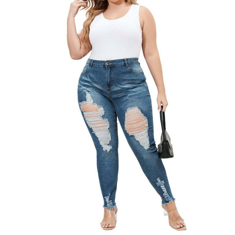 LilyLLL Womens Plus Size Distressed Ripped Jeans High Waist Stretch Denim  Trousers