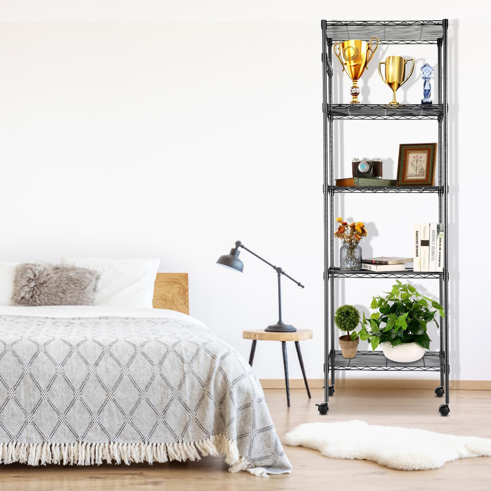 5-Tier 600 lbs Carrying Capacity Wire Shelf 72" Steel Shelf Tier Height Adjustable Metal Racks with 4 Wheels & 4 Hooks for Garage Kitchen Storage Organizer Shelving Unit