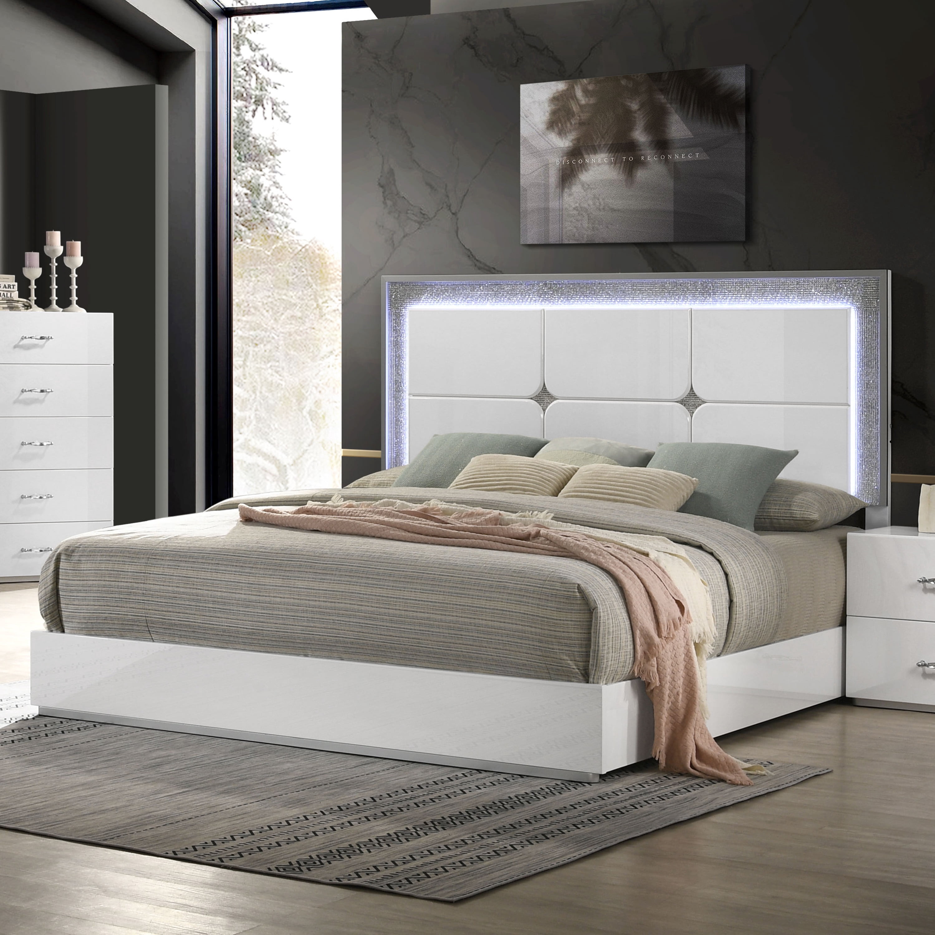 Furniture of America Wellan Adult King Solid Wood Panel Bed with LED Light, White