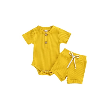 

ZIYIXIN Unisex Newborn Baby Boy Girl Short Sleeve Button Romper Bodysuit+Short Pants Summer Outfits Clothes Yellow 18-24 Months