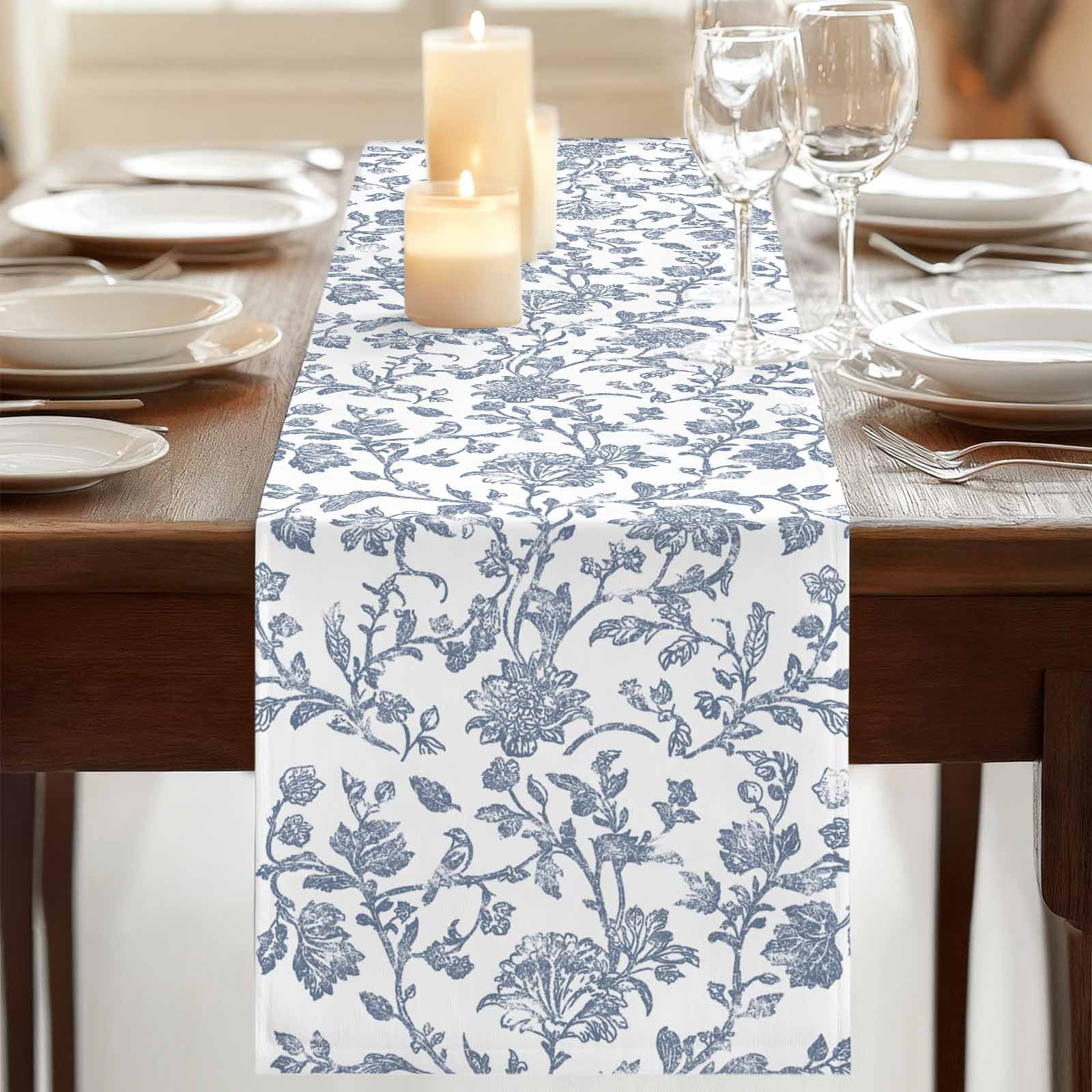 Blue Flower 108 Inch Table Runner, Vintage Farmhouse Boho Leaf Spring Summer Farmhouse Dresser Scarf Cotton & Linen Tablerunner for Dining/Kitchen Island/Holiday Party Décor 13" x 108"