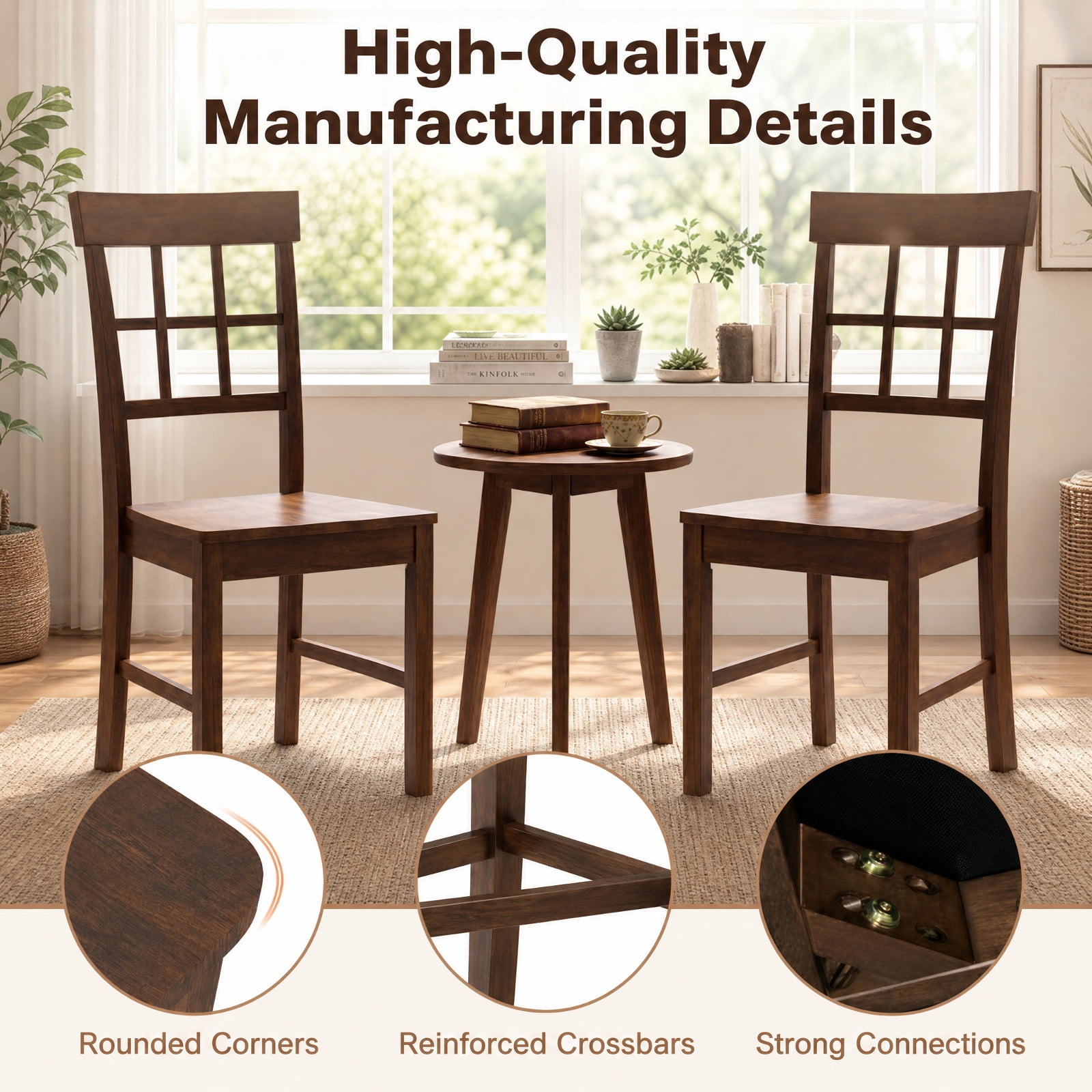 Furnibear Rubber Wood Dining Chairs Set of 2 with High Lattice Backrests for Dining Room Kitchen Study and Reception Room, Brown
