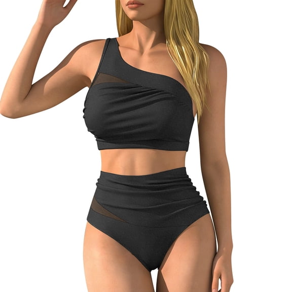 Womens Bikini Swimsuits Two Piece Push Up Tankini Top with High Waisted Triangle Bottoms Black L