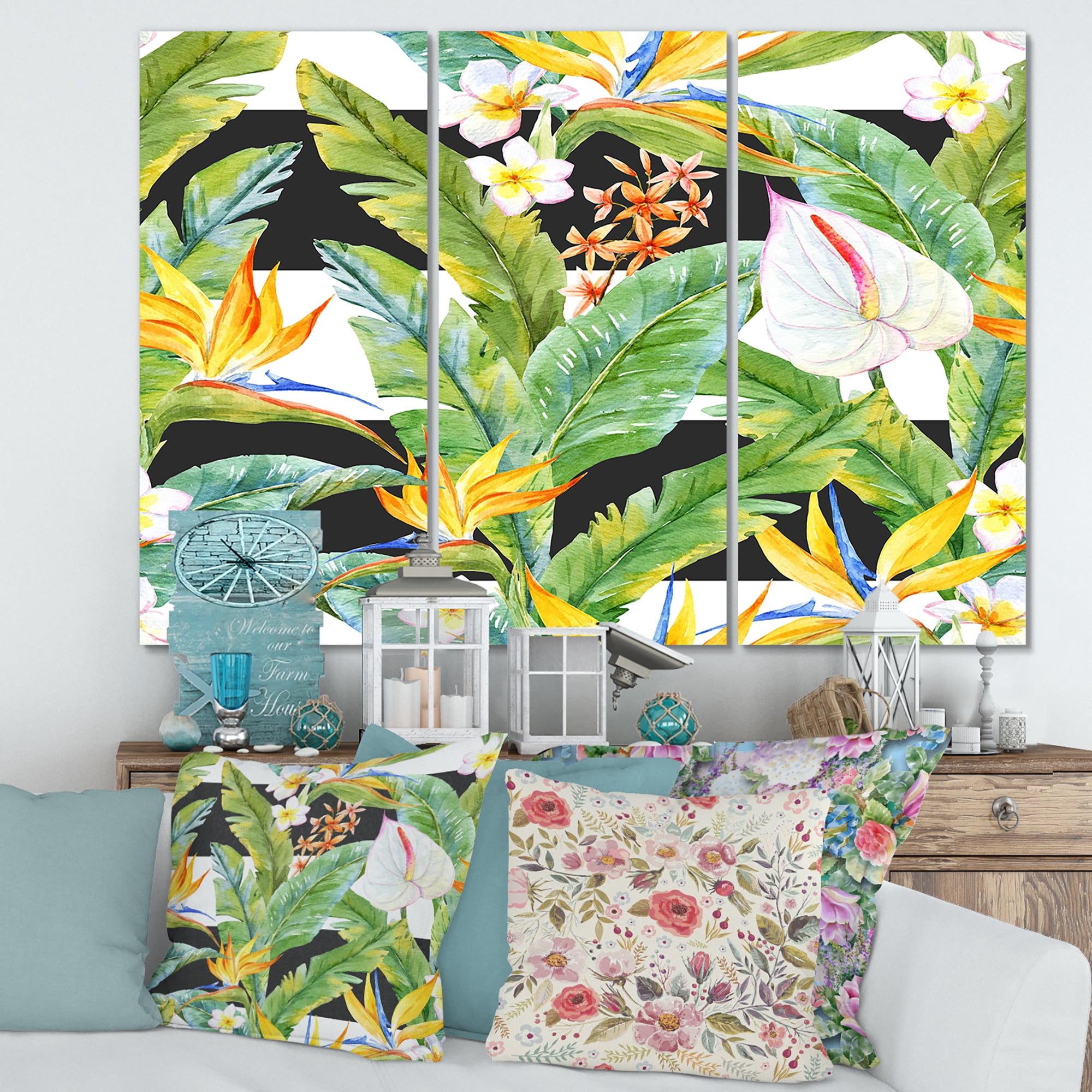 Designart ' Yellow Flowers and Tropical Foliage IV ' Modern Canvas Wall Art Print
