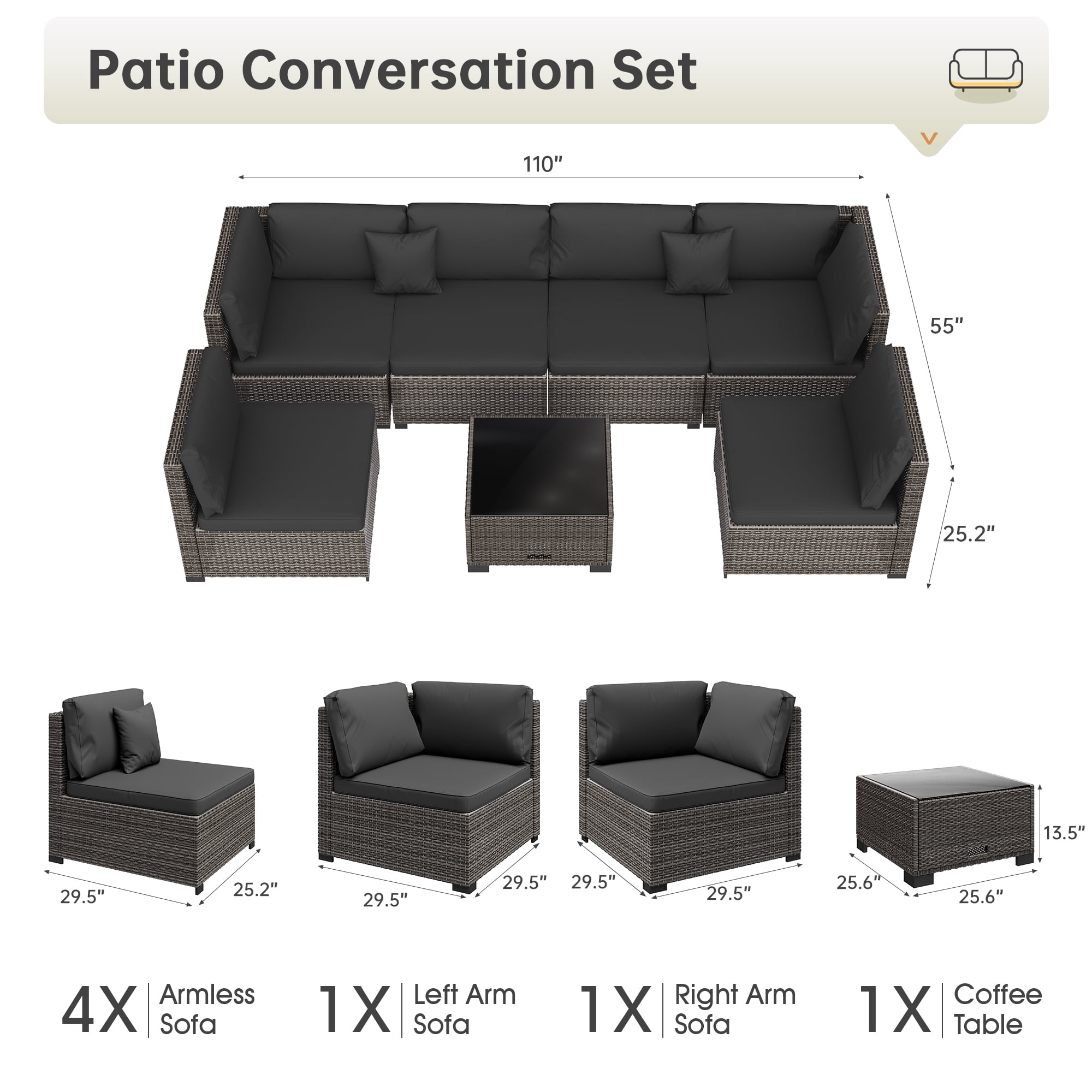LHBcraft 7-Piece Outdoor Patio Furniture Set, All-Weather PE Rattan Sectional Sofa with Cushions and Coffee Table