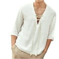 thumbnail image 2 of jsaierl Mens Cotton Linen Henley Shirt Drawstring Half Sleeve Hippie Casual Lace Up T Shirt Summer Beach Tops, 2 of 3