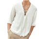 thumbnail image 1 of Camiseta informal de manga tres cuartos con cuello en V de algodón y lino para hombre Pompotops oipoqjl34107, 1 of 3