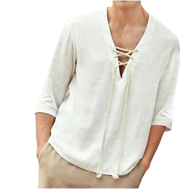 Camiseta informal de manga tres cuartos con cuello en V de algodón y lino para hombre Pompotops oipoqjl34107