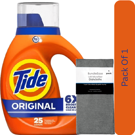 Tide Laundry Detergent Liquid, 6X Boosted Cleaning Power, Original Scent, 32 fl oz, 25 Loads with Microfiber Solid Color Towel by BundleEase