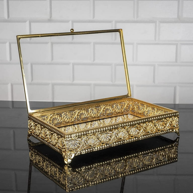 HAKAN Handmade Fancy Keepsake Boxes, Vintage Gold Jewelry Box, Metal  Display Cases with Clear Acrylic Lids, Rectangle Decorative Boxes with Lids  for
