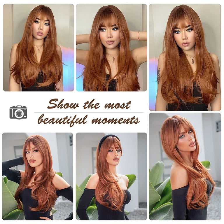 DOPI Long Auburn Wig with Bangs Layered Curly Orange Wigs  display picture 1
