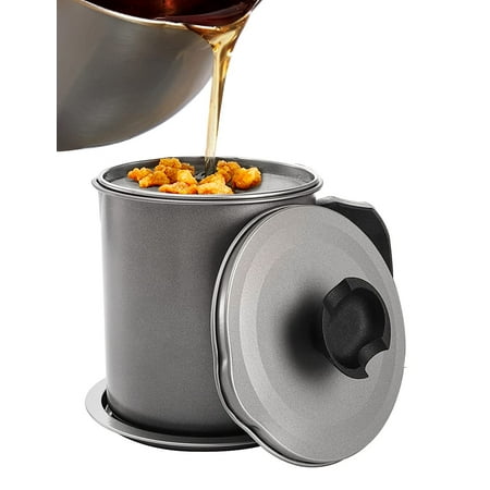 1.4L Bacon Grease Container with Strainer and Lid - Grey Iron Grease Catcher for Easy Oil Storage and Reuse.