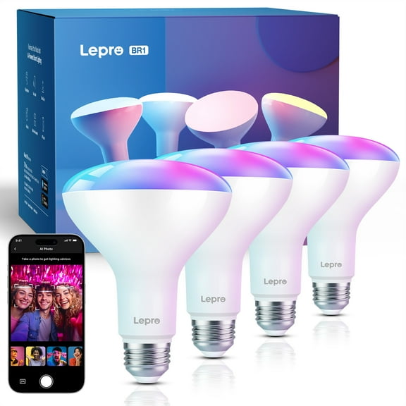 Lepro BR1 Smart Light Bulbs 4pack, AI Generated Lighting, Work with Alexa, Google Assistant, Music Sync, RGBWW Colour Changing Light Bulb, Flood Light Bulbs, WiFi & Bluetooth Via Lepro  App