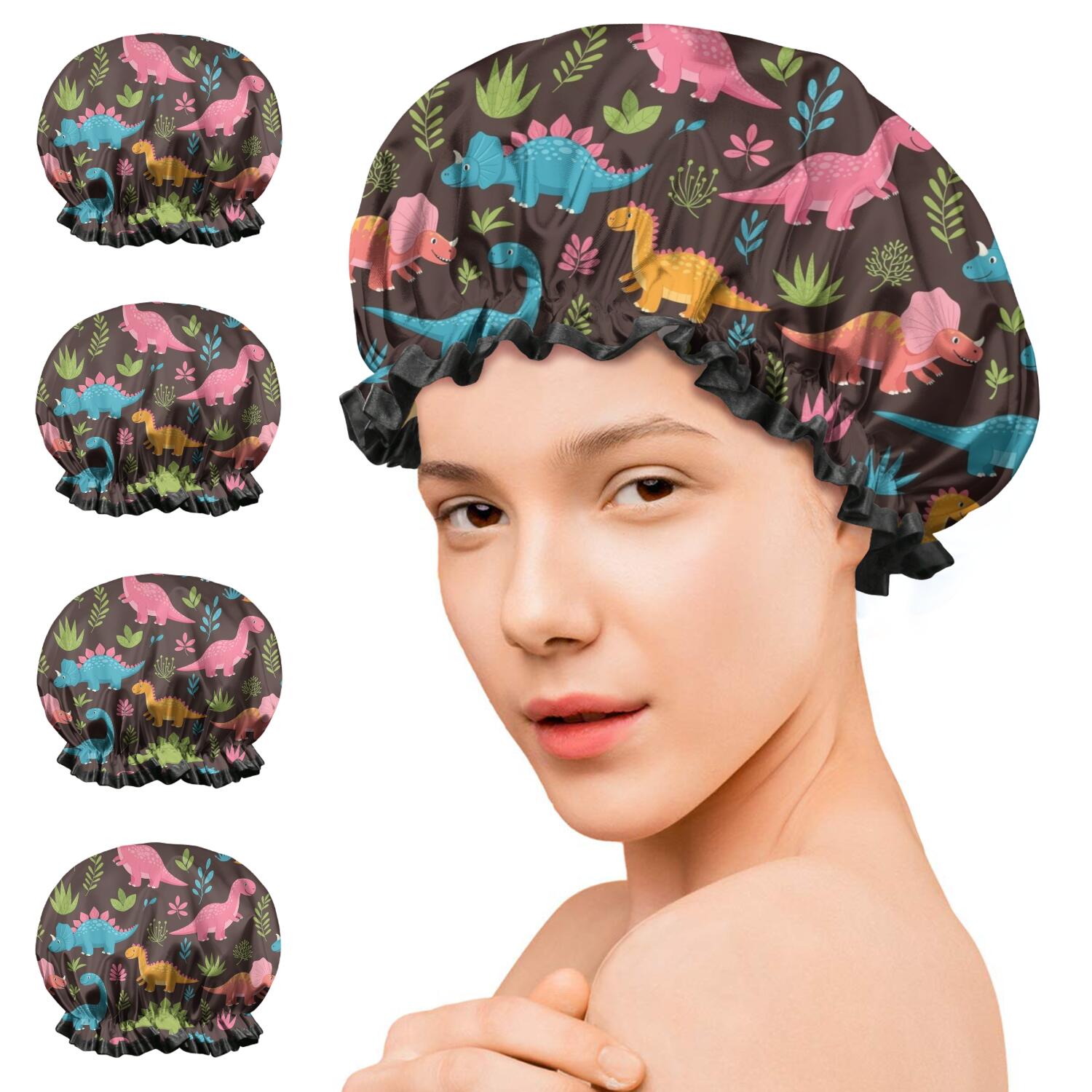 Shower Caps,DarkBrown Cartoon Dinosaurs Colorful Plants Pattern Waterproof Shower Cap for Women 4 Pieces,Double Reusable Hair Cover for Shower PEVA Elastic Stretch Hem