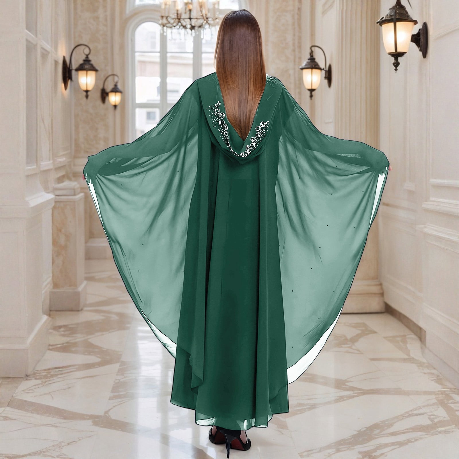 Long Sleeve Shirts for Women, Muslim Dress for Women Loose Batwing Sleeved Hooded Beaded Embroidery Long Abaya Dress Kaftan Abayas Islamic Robe